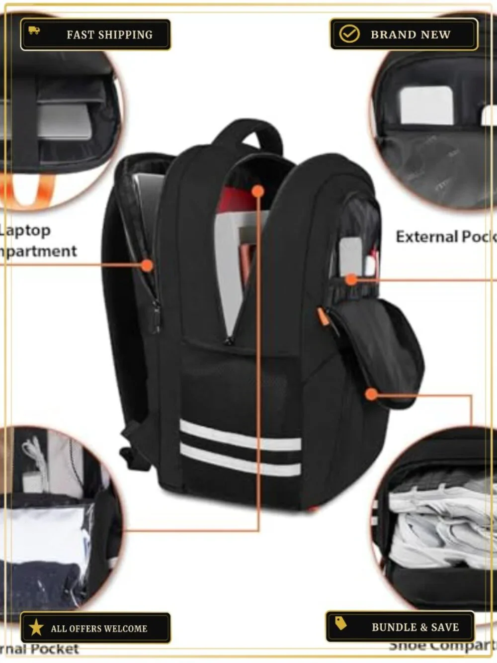 Large 40L Gym Backpack with Shoe Compartment, Water Resistant Polyester, Fits
